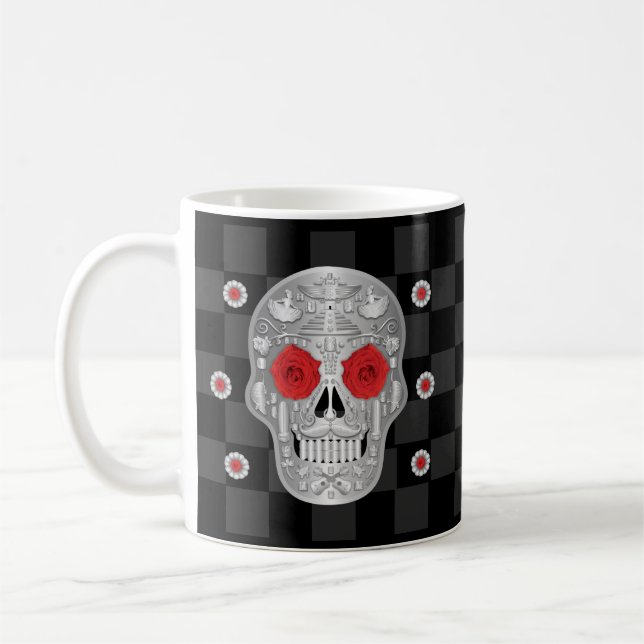 Taza De Café Calavera cromada (Rosa Roja) Café Mug (Izquierda)