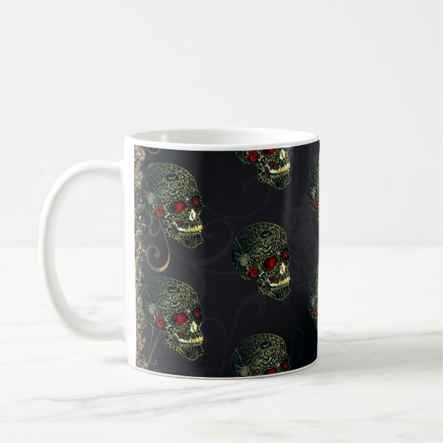 Taza De Café Calavera de araña y Rosas Glam Gothic Filigree (Izquierda)
