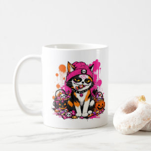 Taza De Café Calavera de azúcar gato calicó Halloween