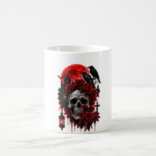 Taza De Café Calavera de Cuervo Gótico Oscuro con Rosas Carmesí