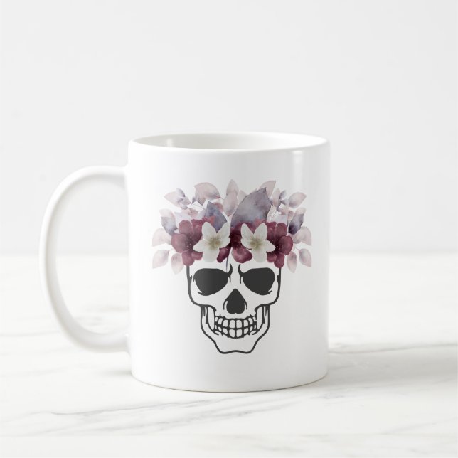 Taza De Café Calavera Floral Flores Blancas y Vino (Izquierda)