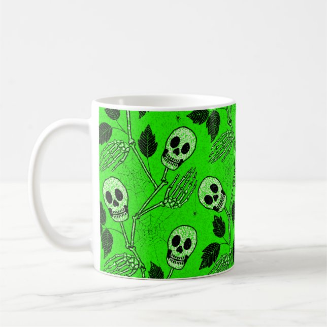 Taza De Café Calavera Floral Gótica Verde Neón (Izquierda)