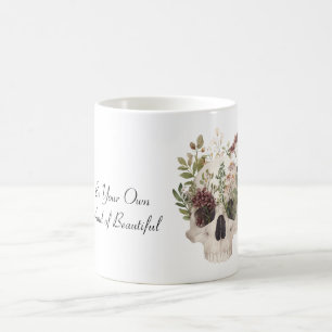 Taza De Café Calavera Flores Borgoña Hojas Verdes