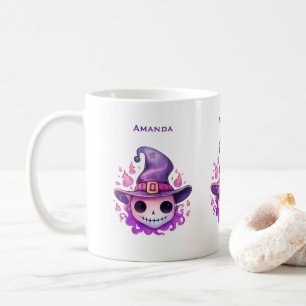 Taza De Café Calavera Rosa Bonita en un Sombrero de Bruja Capri