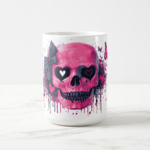 Taza De Café Calavera rosa con mariposas y corazones