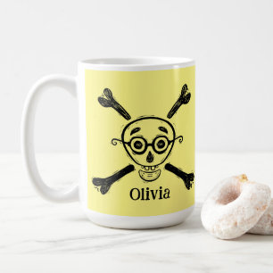 Taza De Café Calavera vintage con gafas Amarillo y huesos cruza
