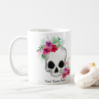 Taza De Café Calavera Y Flores Cualquier Nombre