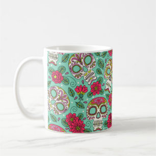 Taza De Café Calavera y flores. Fondo Sin Maravillas. da mexica