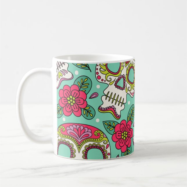 Taza De Café Calavera y flores mexicanas, sin costura. (Izquierda)