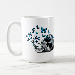 Taza De Café Calavera y Mariposas Azules Blancas