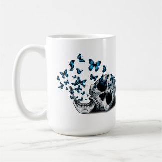 Taza De Café Calavera y Mariposas Azules Blancas