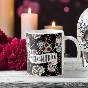 Taza De Café Calaveras azucareras y remolinos Subió ID725 negro