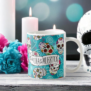 Taza De Café Calaveras de azúcar y remolinos Rosa Turquesa ID72