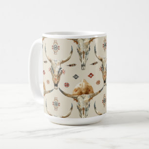 Taza De Café Calaveras de plumas nativas tribales de crema marr