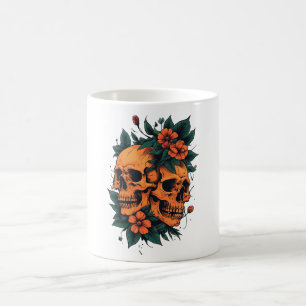 Taza De Café Calaveras Gemelas Floral Gótico