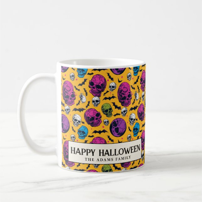 Taza De Café Calaveras Y Murciélagos Amarillos Halloween (Izquierda)