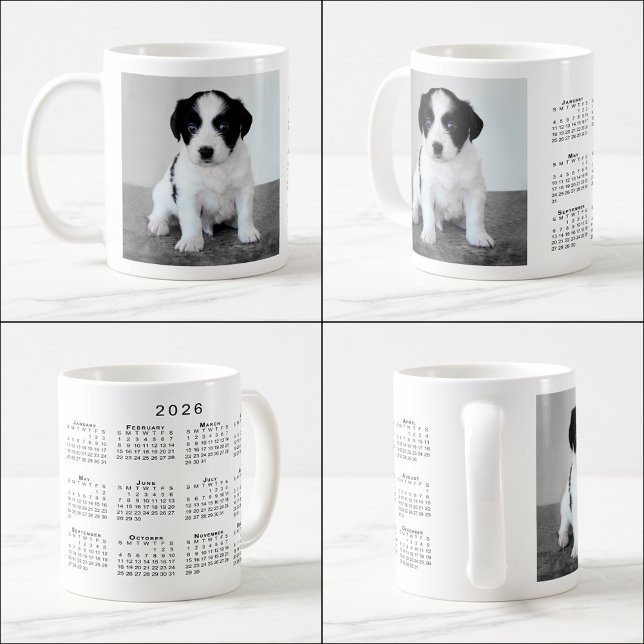 Taza De Café Calendario de Mascota de personalizados Foto 2026 (Custom Pet Photo 2026 Calendar Coffee Mug, multiple views)