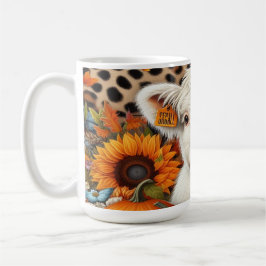 Taza De Café Calf en la región montañosa blanca entre calabazas