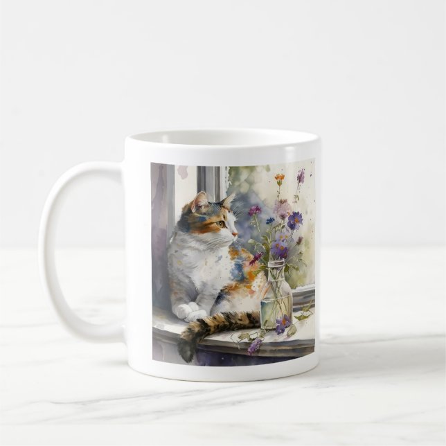 Taza De Café Calico Cat Purple Flowlight Ventana Luz solar (Izquierda)