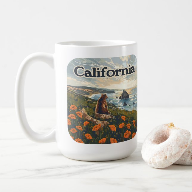 Taza De Café California Bear Poppies Flowers Coast Retro (Con donut)