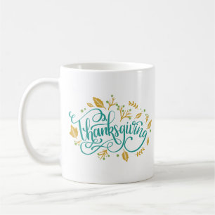 Taza De Café Caligrafía decorativa de Acción de Gracias Hojas d