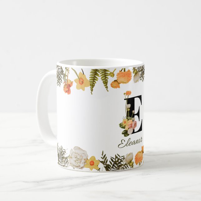 Taza De Café Caluroso Monograma Floral de otoño 'E' Mug inicial (Anverso izquierdo)
