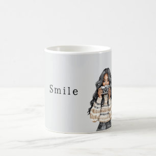 Taza De Café Cámara de sonrisa de suéter de niña negra