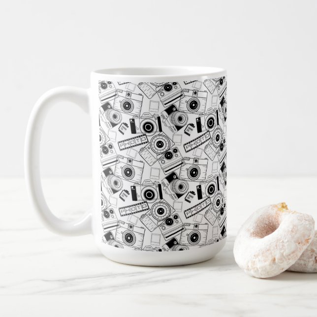 Taza De Café Cámaras fotográficas en blanco y negro (Con donut)