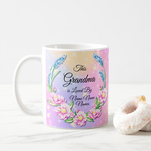 Taza De Café Cambiar nombres Día de la Madre Abuela Flores azul (Con donut)