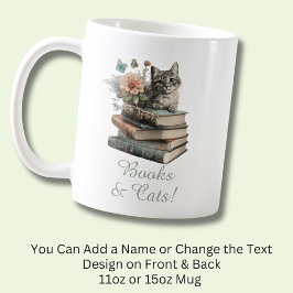 Taza De Café Cambiar texto, libros y gatos, con flores, en negr