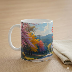 Taza De Café Camino Rural de Otoño en Acuarela Pastel