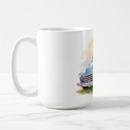 Taza De Café Camión Azul Antiguo con Huevos de Pascua y Tulipan