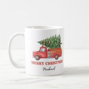 Taza De Café Camión de bomberos navideño acuarela