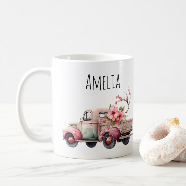 Taza De Café Camión de granjero de cosecha rosa (Con donut)