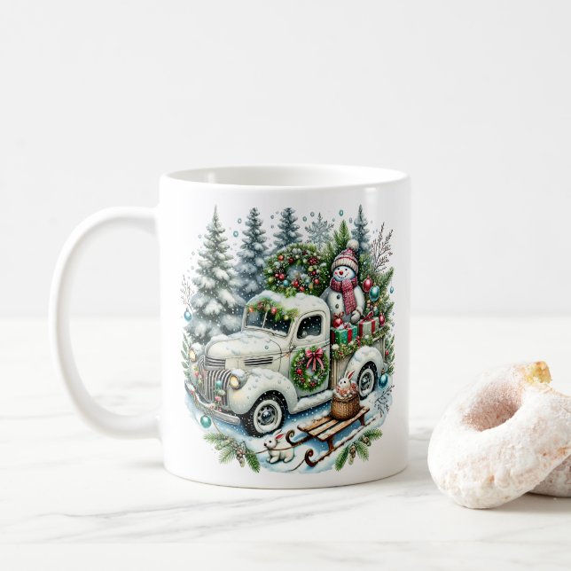 Taza De Café Camión festivo | Vintage Christmas Delivery (Con donut)