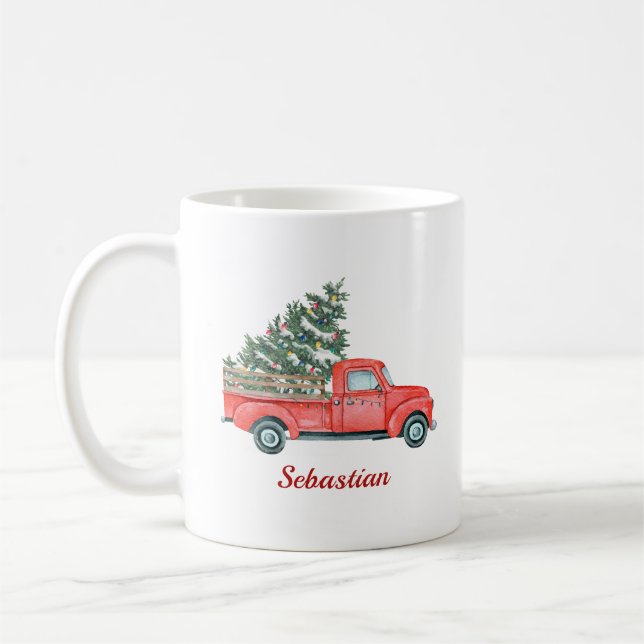 Taza De Café Camión Rojo de Árbol de Navidad X'mas Name Mug (Izquierda)