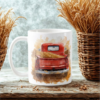 Taza De Café Camión rojo de color de agua vintage con granja he