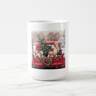 Taza De Café Camión Rojo Retro Navidades Con Perros De Cachorro
