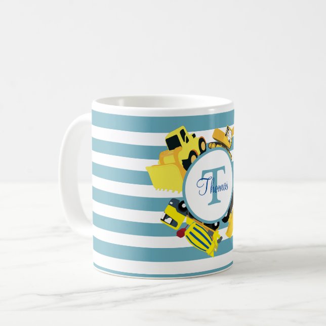 Taza De Café Camiones de Construcción Monograma de Franjas Azul (Anverso izquierdo)