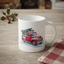 Taza De Café Camioneta Roja y Árbol de Navidad