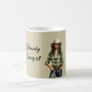 Taza De Café Camisa de Cuadro Verde Howdy Vaquera Negra Femenin