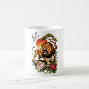 Taza De Café Camiseta gráfica de león japonés vintage, arte asi