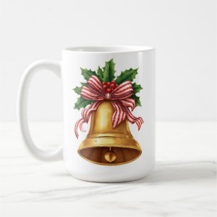 Taza De Café Campana de Navidad Dorada de Acebo y Lazo de Raya