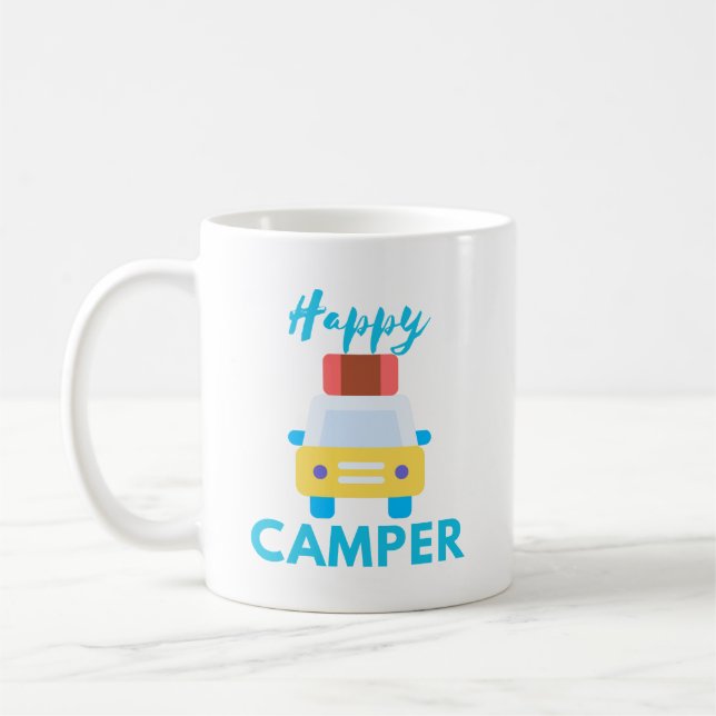 Taza De Café Camper feliz con auto amarillo/blanco con equipaje (Izquierda)
