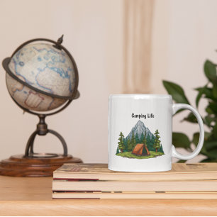 Taza De Café Camping Life, con una carpa en los bosques mochill