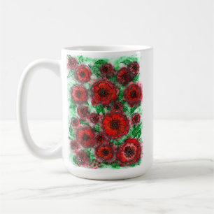 Taza De Café Campo de Amapolas Rojas Arte Botánico Acuarela Lín