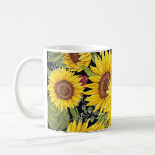 Taza De Café Campo de girasoles: fondo negro de acuarela