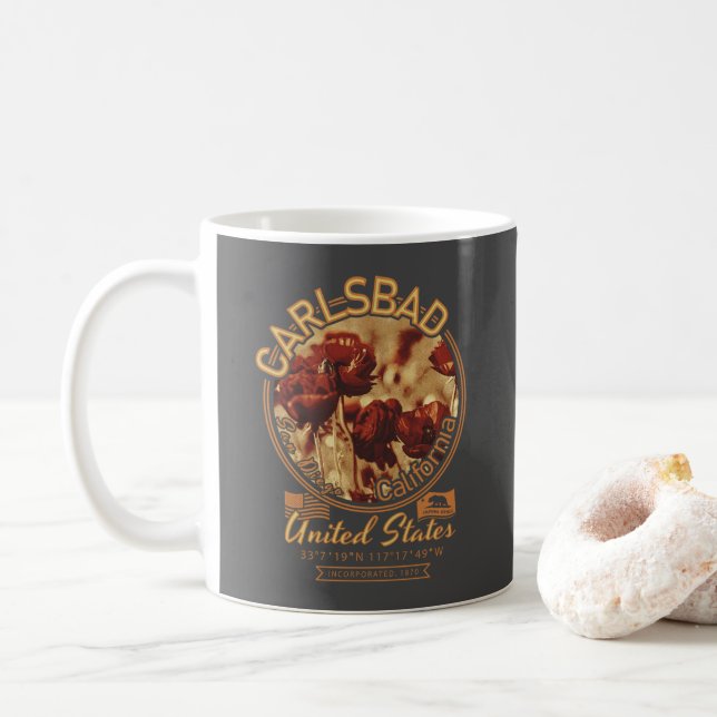 TAZA DE CAFÉ CAMPOS DE FLORES CARLSBAD CALIFORNIA - CARLSBAD (Con donut)