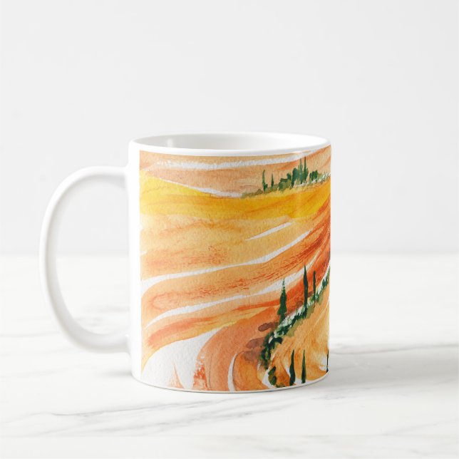 Taza De Café Campos de verano. Pintura acuarela. Paisaje toscan (Izquierda)