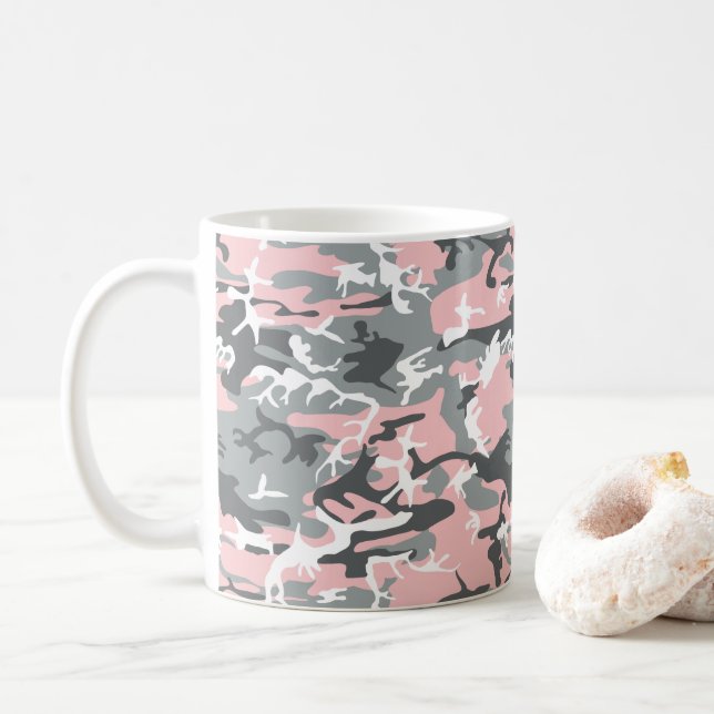 Taza De Café Camuflaje rosa y gris, ejército, ejército (Con donut)